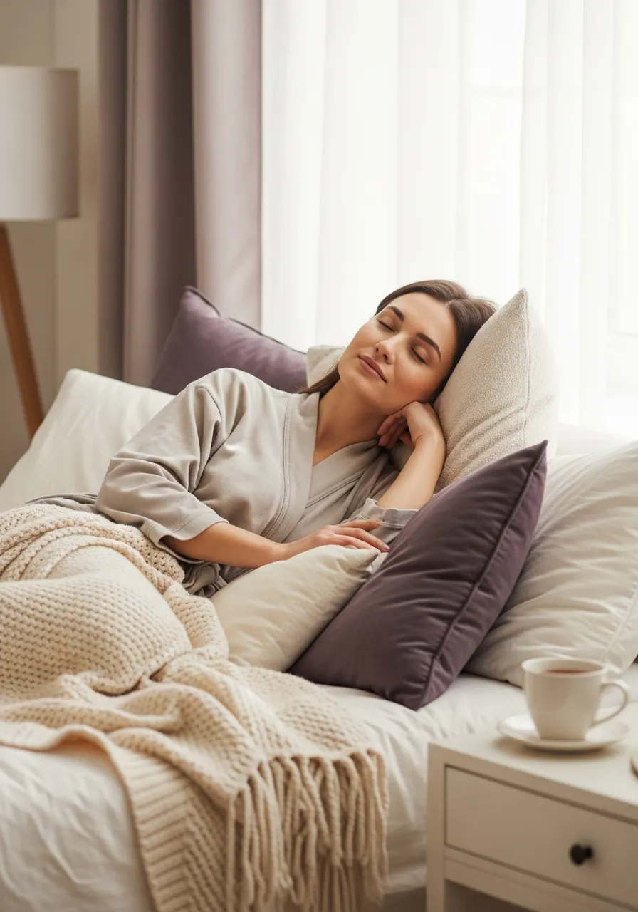 A woman resting peacefully at home during recovery, wrapped in a soft throw beside a cup of tea